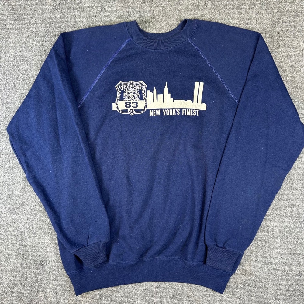 Vintage Hanes NYPD 83rd Precinct Twin Towers Skyline Sweatshirt XL Navy Blue USA